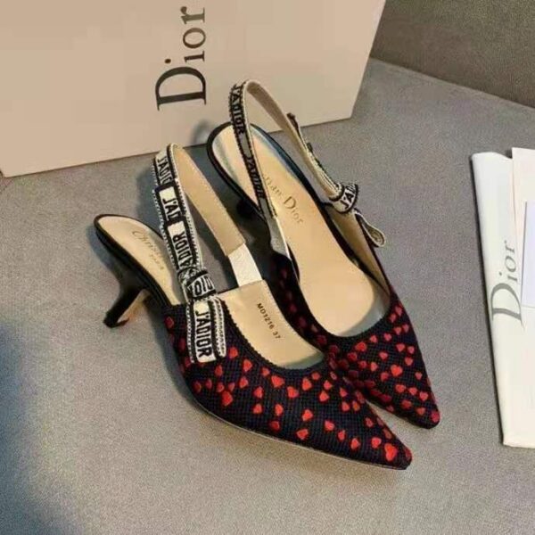 Dior Women Shoes J’Adior Slingback Pump Navy Blue Red Hearts I Love Paris Embroidered Cotton (5)