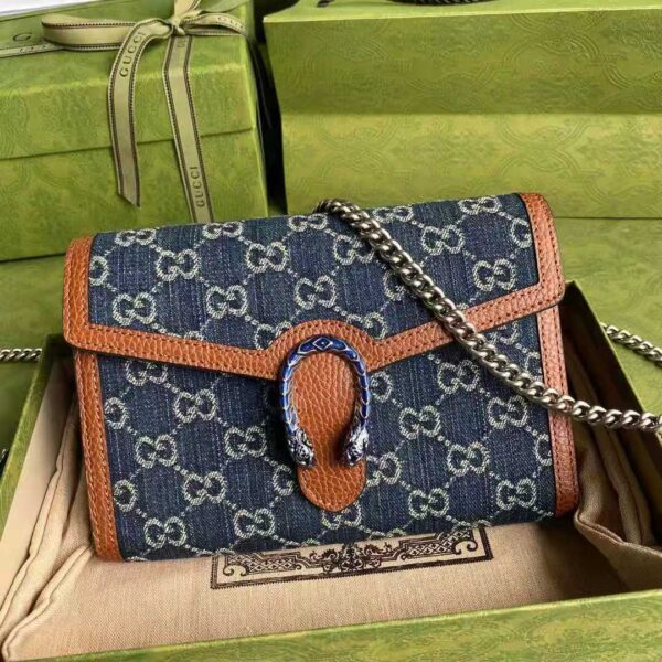 Gucci GG Unisex Dionysus Mini Chain Bag Dark Blue Ivory Eco Washed Organic GG Jacquard Denim (3)
