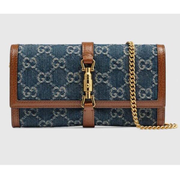 Gucci GG Unisex Jackie 1961 Chain Wallet Dark Blue Ivory Eco Washed Organic GG Jacquard Denim