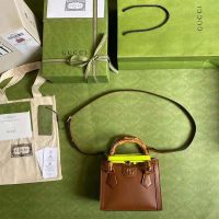 Gucci GG Women Gucci Diana Mini Tote Bag Double G Brown Leather