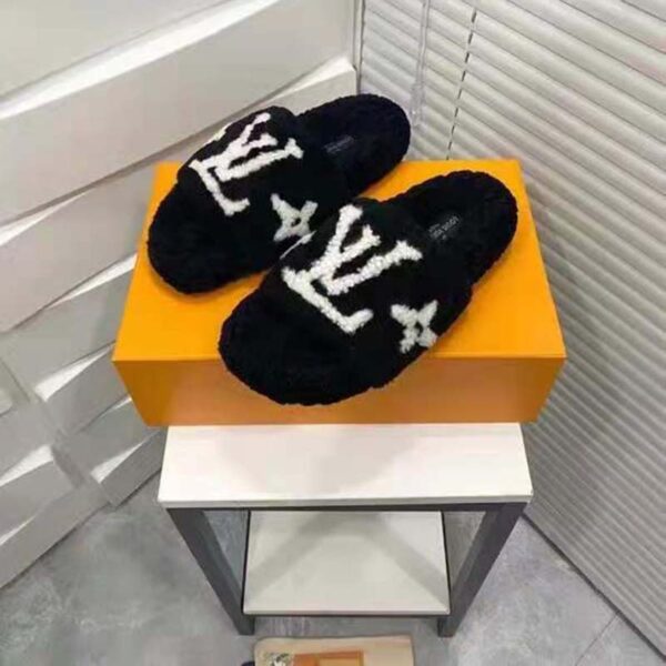 Louis Vuitton LV Women Paseo Flat Comfort Mule Black Shearling LV Initials Monogram Flowers (4)