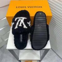 Louis Vuitton LV Women Paseo Flat Comfort Mule Black Shearling LV Initials Monogram Flowers