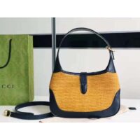 Gucci Women Gucci Camel Straw Effect Fabric with Blue Leather