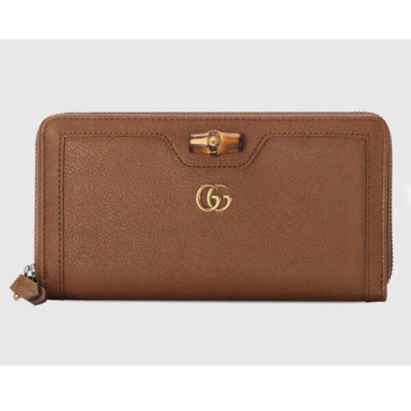Gucci Women Gucci Diana Continental Wallet Double G Brown Leather Bamboo Detail