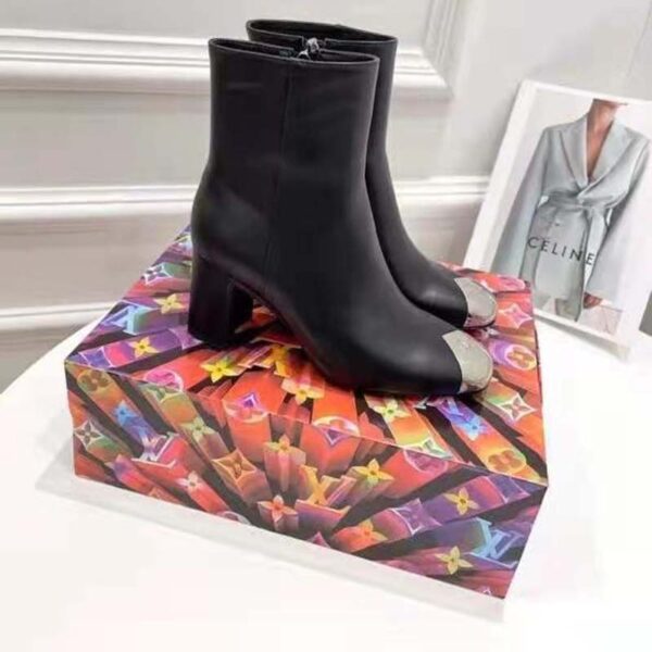 Louis Vuitton LV Women Louise Ankle Boot LV Circle Signature Black Calf Leather Metal Toe Cap (6)