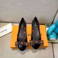 Louis Vuitton LV Women Popi Flat Ballerina Black Patent Calf Leather Monogram Nylon Bow