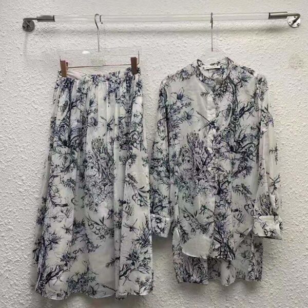 Dior Women Long Blouse Navy Blue Cotton Voile Bees Flowers (1)