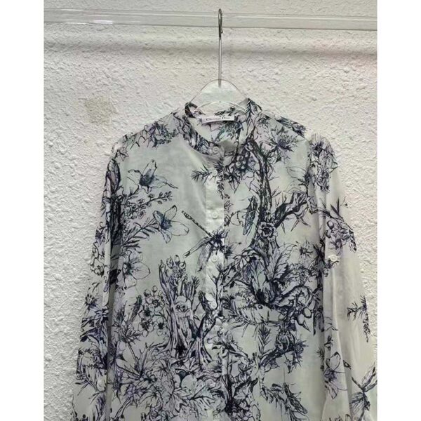 Dior Women Long Blouse Navy Blue Cotton Voile Bees Flowers (4)