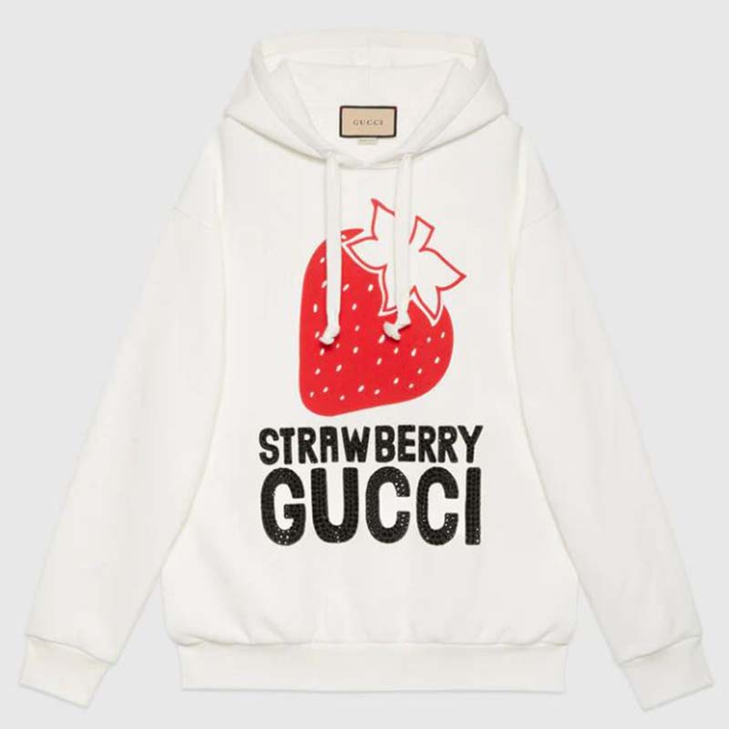 Gucci GG Women Strawberry Gucci Cotton Sweatshirt Fixed Hood Oversize Fit