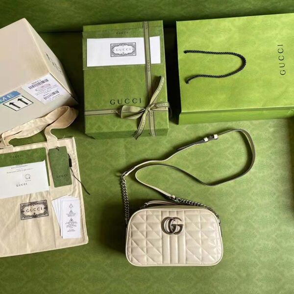 Gucci Women GG Marmont Small Shoulder Bag White Matelassé Leather (10)