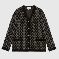 Gucci Women Wool GG Jacquard Cardigan Black V-Neck Sweater