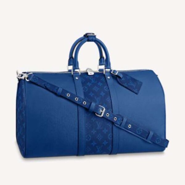 Louis Vuitton LV Unisex Keepall Bandoulière 50 Blue Taiga Cowhide Leather Monogram Eclipse Coated Canvas