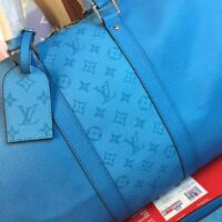 Louis Vuitton LV Unisex Keepall Bandoulière 50 Blue Taiga Cowhide Leather Monogram Eclipse Coated Canvas