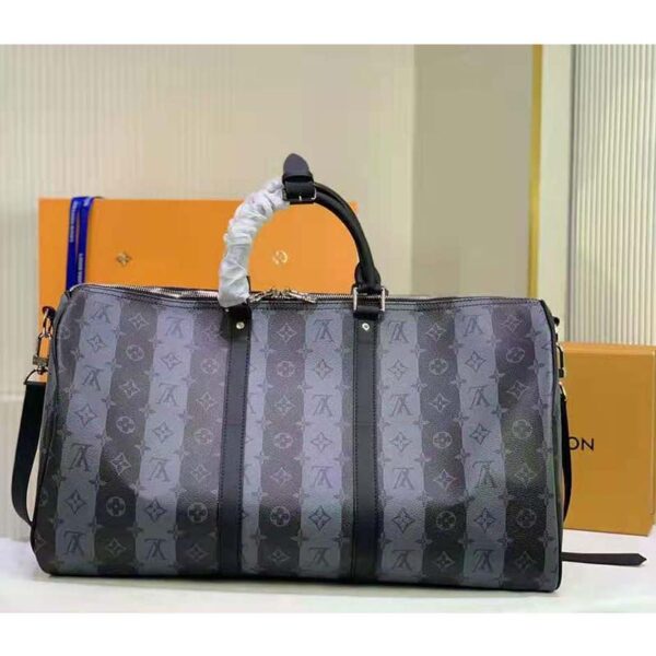 Louis Vuitton LV Unisex Keepall Bandoulière 55 Travel Bag Monogram Stripes Eclipse Coated Canvas (7)