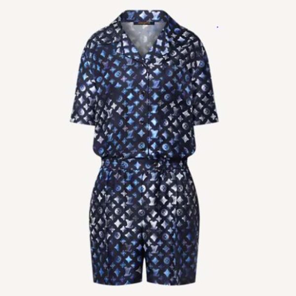 Louis Vuitton Women Mahina Monogram Short-Sleeved Silk Playsuit Navy Blue