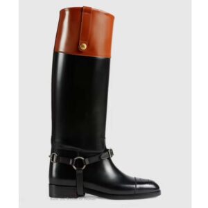 Gucci GG Women Knee-High Boot Harness Black Brown Leather Interlocking G