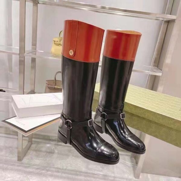 Gucci GG Women Knee-High Boot Harness Black Brown Leather Interlocking G (6)