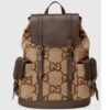 Gucci Unisex Backpack Jumbo GG Camel Ebony Canvas Brown Leather