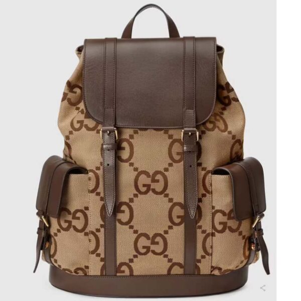 Gucci Unisex Backpack Jumbo GG Camel Ebony Canvas Brown Leather (1)