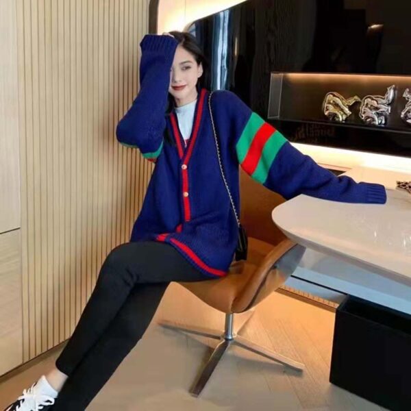 Gucci Women Gucci 100 Wool Cardigan Blue Wool Green Red V-Neck (13)