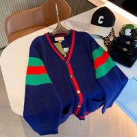 Gucci Women Gucci 100 Wool Cardigan Blue Wool Green Red V-Neck