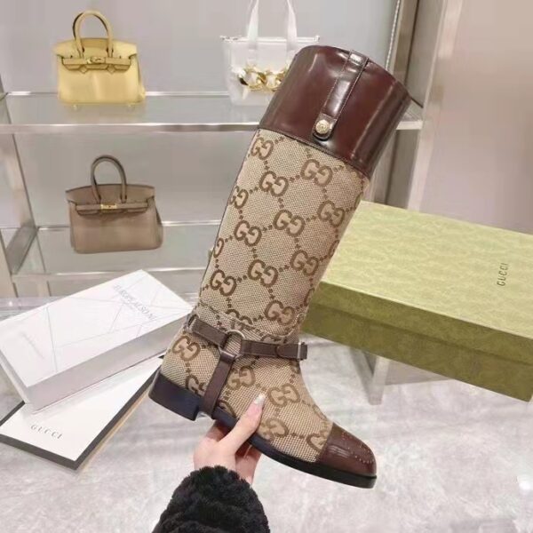 Gucci Women Knee-High Boot Harness Beige Ebony Maxi GG Canvas Interlocking G (10)