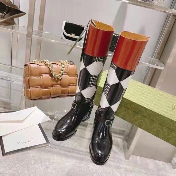 Gucci Women Knee-High Optical Print Boot Black Brown Leather Interlocking G (1)