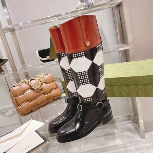 Gucci Women Knee-High Optical Print Boot Black Brown Leather Interlocking G (2)