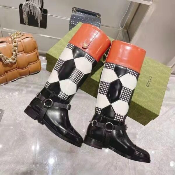 Gucci Women Knee-High Optical Print Boot Black Brown Leather Interlocking G (4)