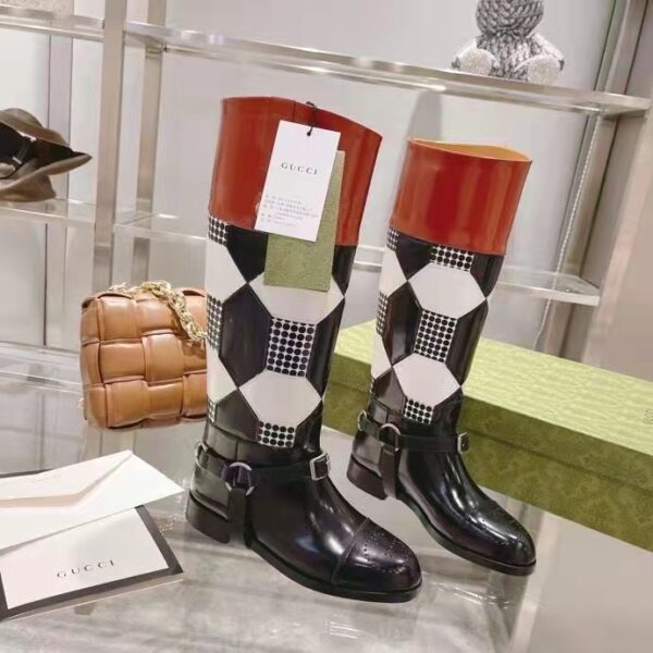 Gucci Women Knee-High Optical Print Boot Black Brown Leather Interlocking G (6)