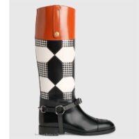 Gucci Women Knee-High Optical Print Boot Black Brown Leather Interlocking G (8)