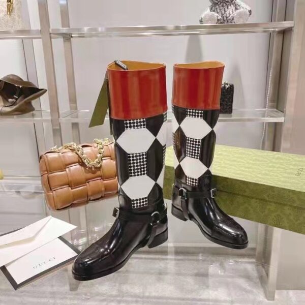 Gucci Women Knee-High Optical Print Boot Black Brown Leather Interlocking G (9)