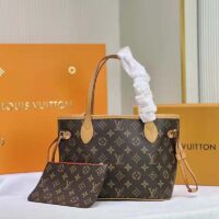 Louis Vuitton LV Unisex Neverfull PM Tote Brown Monogram Coated Canvas Cowhide