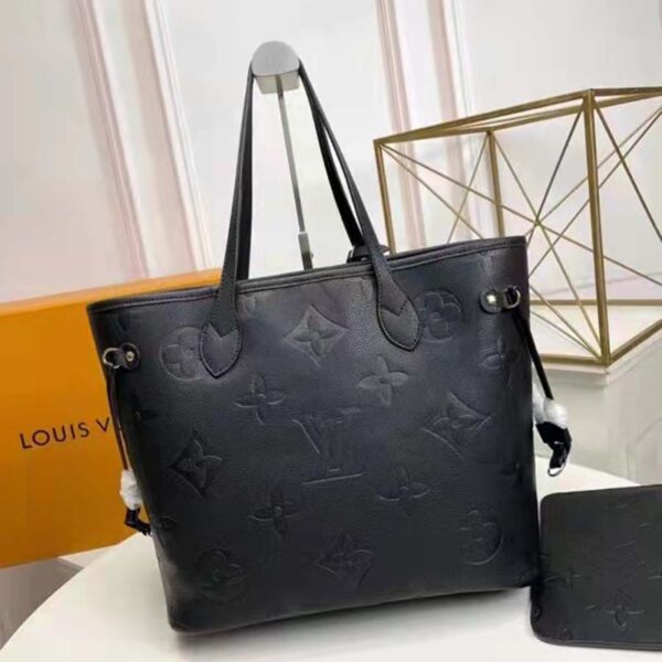Louis Vuitton LV Women Neverfull MM Tote Black Embossed Cowhide Leather (7)