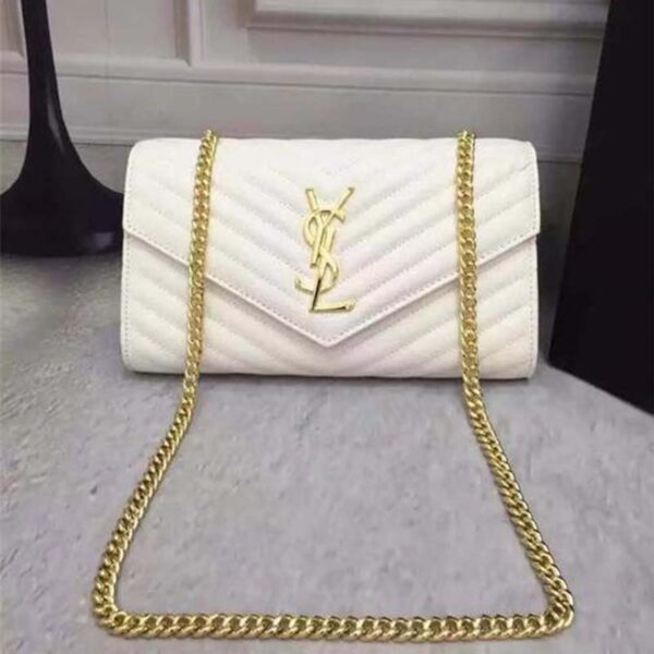 Saint Laurent YSL Women Monogram Chevron Quilted Chain Wallet-White (10)