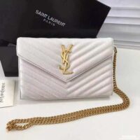 Saint Laurent YSL Women Monogram Chevron Quilted Chain Wallet-White