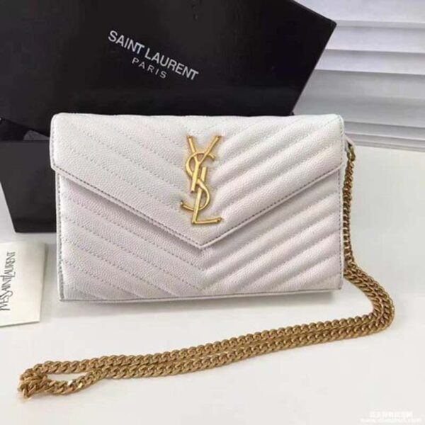 Saint Laurent YSL Women Monogram Chevron Quilted Chain Wallet-White (3)