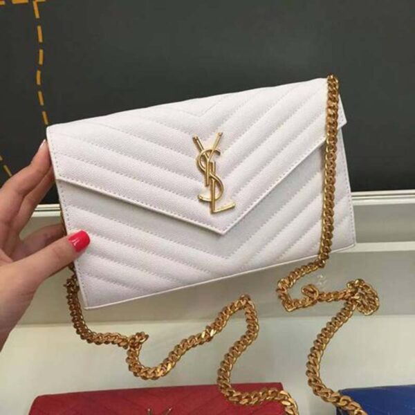 Saint Laurent YSL Women Monogram Chevron Quilted Chain Wallet-White (4)