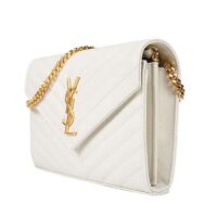 Saint Laurent YSL Women Monogram Chevron Quilted Chain Wallet-White