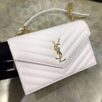 Saint Laurent YSL Women Monogram Chevron Quilted Chain Wallet-White