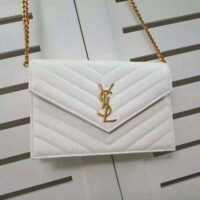 Saint Laurent YSL Women Monogram Chevron Quilted Chain Wallet-White