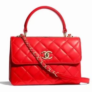 Chanel Women Flap Bag Top Handle Smooth Calfskin Gold-Tone Metal Red