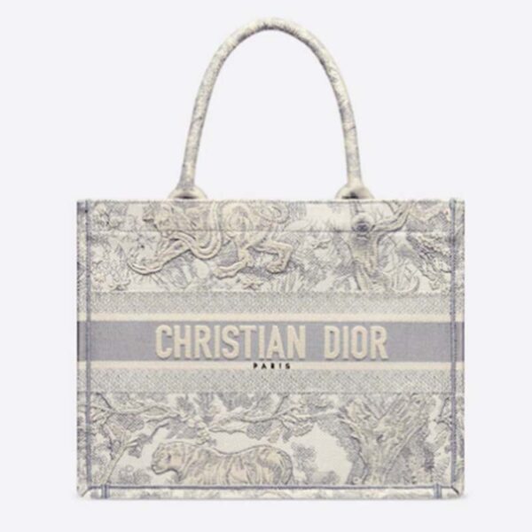 Dior Unisex Small Dior Book Tote Grey Toile De Jouy Embroidery (6)