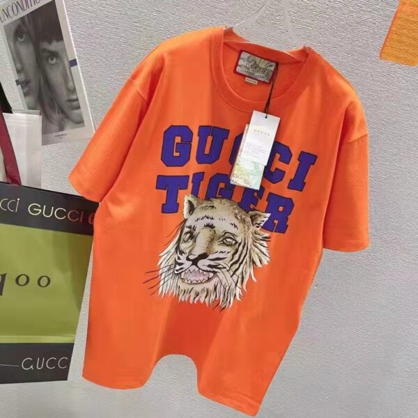 Gucci GG Men Gucci Tiger Cotton T-Shirt Orange Jersey Crewneck (6)