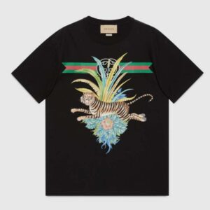 Gucci GG Men Gucci Tiger Flower T-shirt Black Cotton Jersey Crewneck