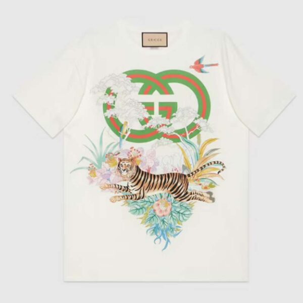 Gucci GG Men Tiger Flower Interlocking G T-Shirt Off-White Cotton Jersey Crewneck Oversize Fit (3)