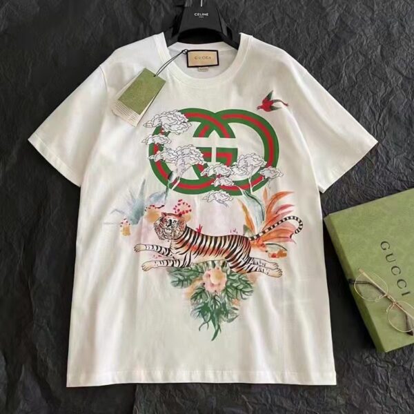 Gucci GG Men Tiger Flower Interlocking G T-Shirt Off-White Cotton Jersey Crewneck Oversize Fit (7)