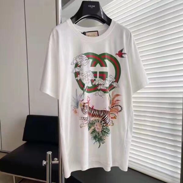 Gucci GG Men Tiger Flower Interlocking G T-Shirt Off-White Cotton Jersey Crewneck Oversize Fit (9)