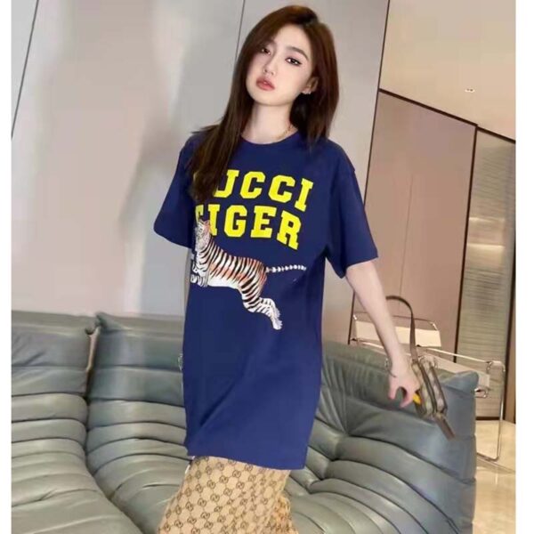 Gucci GG Women Gucci Tiger Cotton T-Shirt Blue Cotton Jersey Crewneck (1)