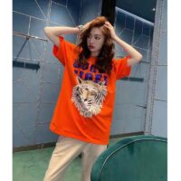 Gucci GG Women Gucci Tiger Cotton T-Shirt Orange Jersey Crewneck (4)